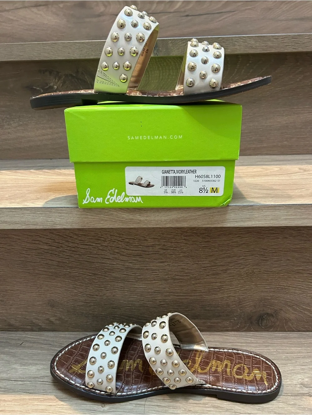 Sam Edelman Ivory Leather Studded Double-Strap Slide Mules - Picture 7 of 12